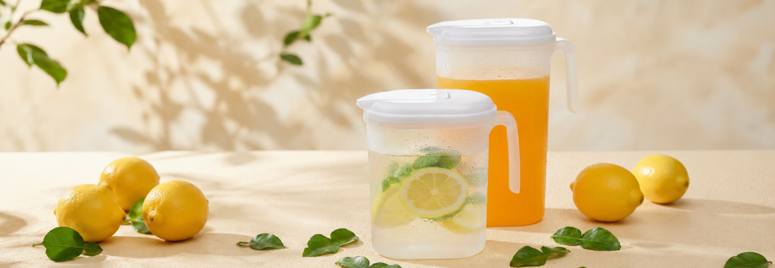 Dynasty beverage pitchers with citrus drinks in warm natural light