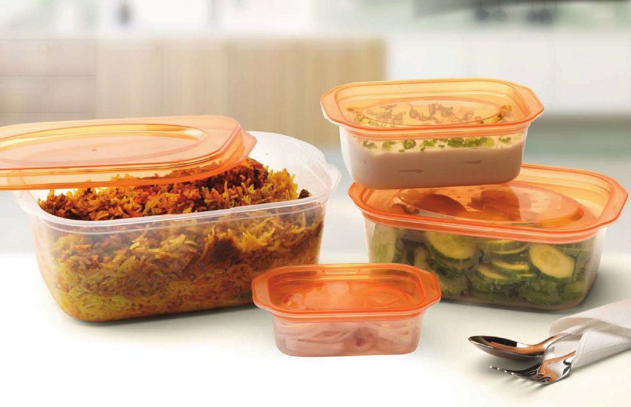 Sapphire Shallow Containers arranged for everyday food storage