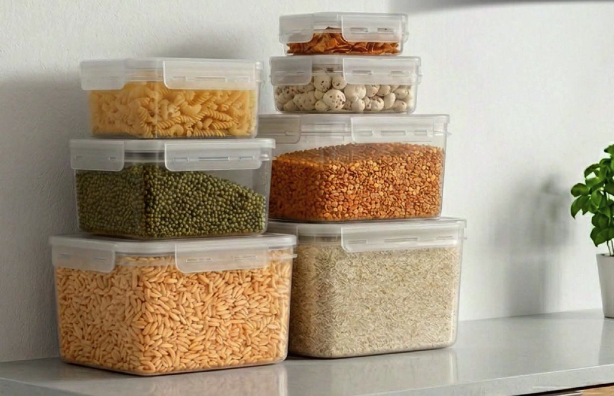 Shallow Store Smart Clip Lock Containers arranged for everyday food storage