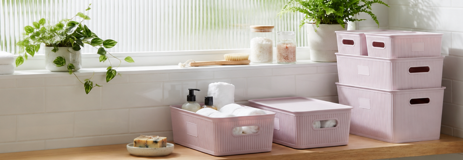 Dynasty storage baskets arranged in a bright, organised home